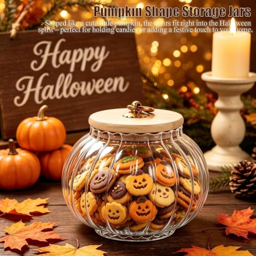 Halloween Pumpkin Jar with Lid - Airtight Glass Candy Canister for Party Decor