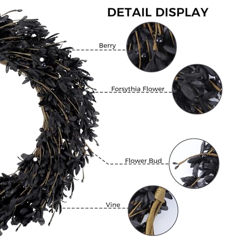 Artificial Forsythia Wreath 20 Inch with Berries - Black Spring & Holiday Decor