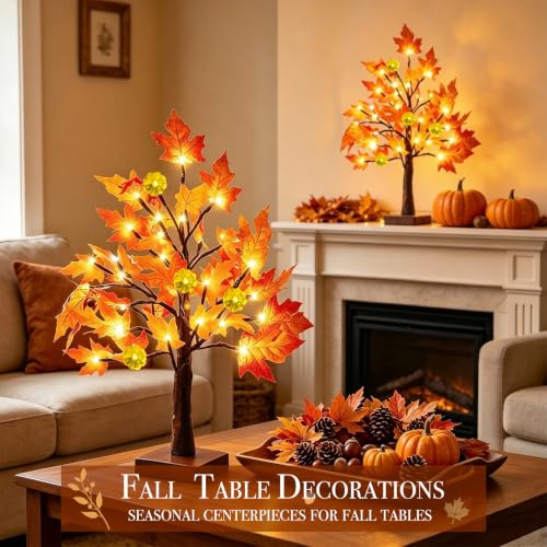2 Pack Fall Decor 24 Inch Prelit Maple Tree with Pumpkins & LEDs - Timer
