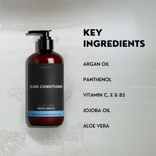 Roosevelt Supply Co. Beard Conditioner, Nourishing Formula with Argan Oil for a Softer, Healthier Beard, Anti-Dandruff, Reduce Split Ends, Panthenol & Aloe Vera - Unscented - 12 Fl Oz