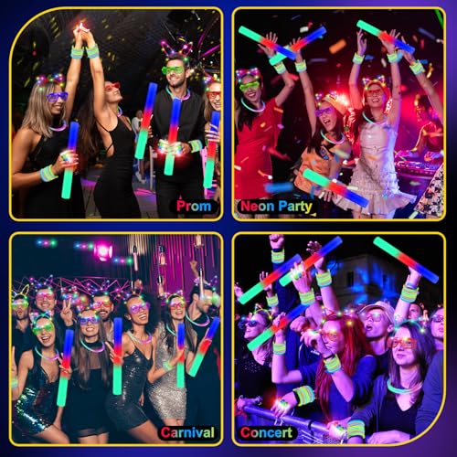 Glow in the Dark Party Supplies Set with LED Glasses, Foam Sticks & Headbands for Events