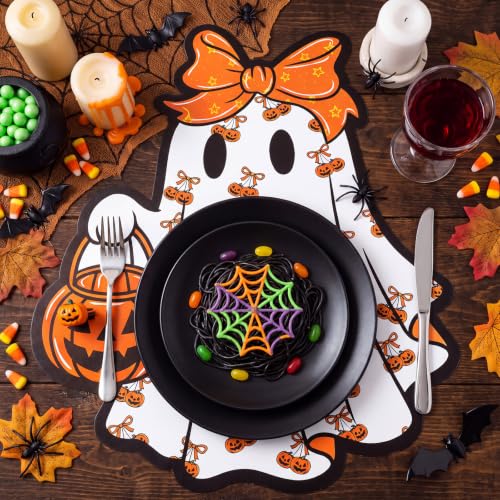 Halloween Ghost Paper Placemat Set - 50 Disposable Orange Pumpkin Table Mats with Bow - Ghost Theme Party Decor