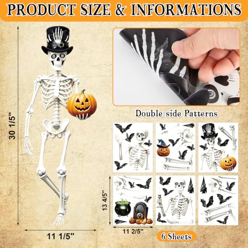 Halloween Window Clings - Large Retro Skull Pumpkin Bat Stickers - Split Skull Variation, Reusable Decals for Home & Party Decor