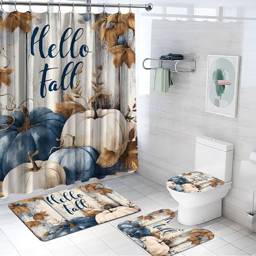 Blue Pumpkin Fall Shower Curtain Set with Bath Mats - Rustic Autumn Bathroom Decor