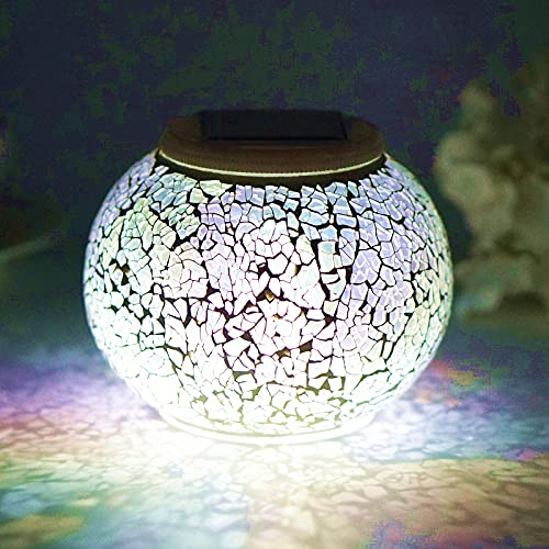 Solar Powered Color Changing Mosaic Glass Table Lamp Waterproof Night Light - White, Crackle Glass