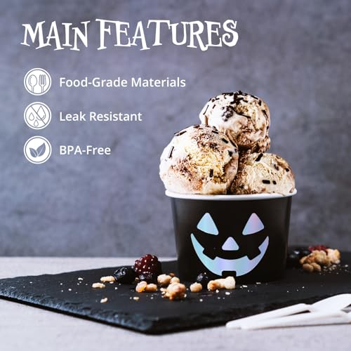 Confettiville Jack-O-Lantern Ice Cream Cups - Black & Silver Halloween Party 50 Count 9Oz
