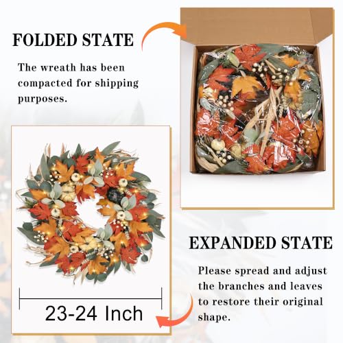 24-Inch Autumn Wreath with Lights and Timer - Fall Front Door Decor