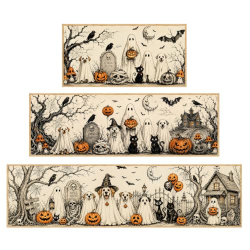Halloween Kitchen Rug Set of 3 Spooky Ghost Dog Fall Decor Non-Slip Mats