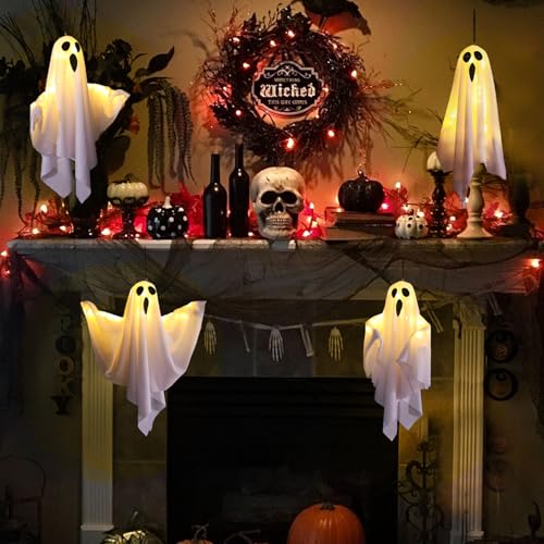 4 Pcs Halloween Hanging Ghost Decorations with Remote Control & 8 Lighting Modes