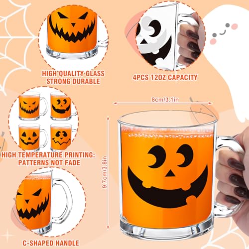 Halloween Glass Coffee Mug Set - Spooky Pumpkin Face Drinkware, 4 Pack