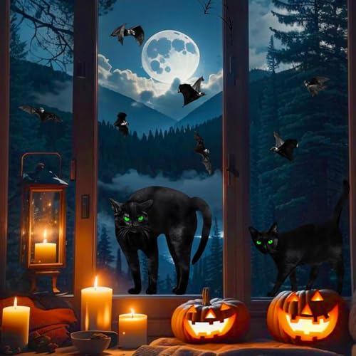 Halloween Window Clings Decor Set - 6 Large Silhouette Bats Cats Spiders