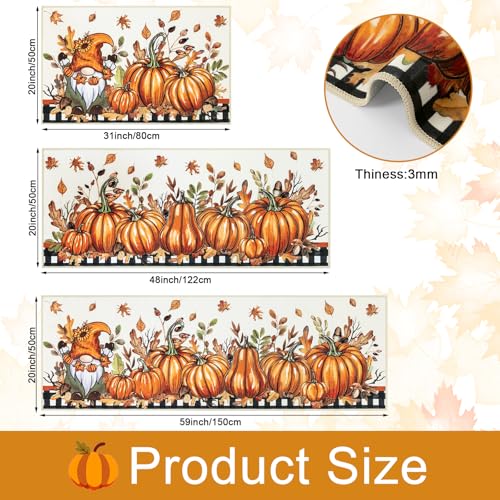 Fall Kitchen Rugs Set of 3 - Washable Pumpkin Runner Rug with Dwarf Pumpkins Variation