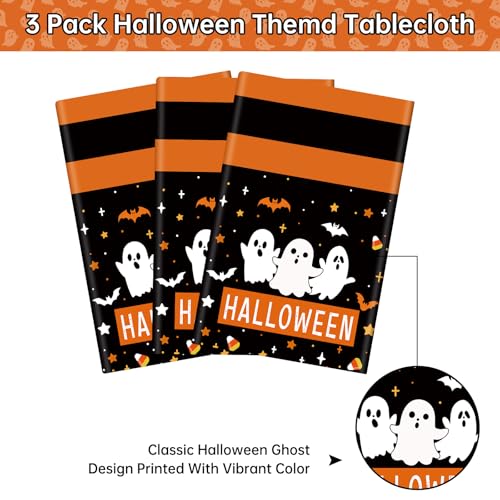 Halloween Ghost Tablecloth Set - Disposable Plastic Black Orange Bat Party Cover, 54 x 108 Inches - Variation of THIS listing
