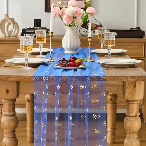 Royal Blue Gold 10FT Bow Table Runner 3Pc Sheer Gauze Sequin Tulle