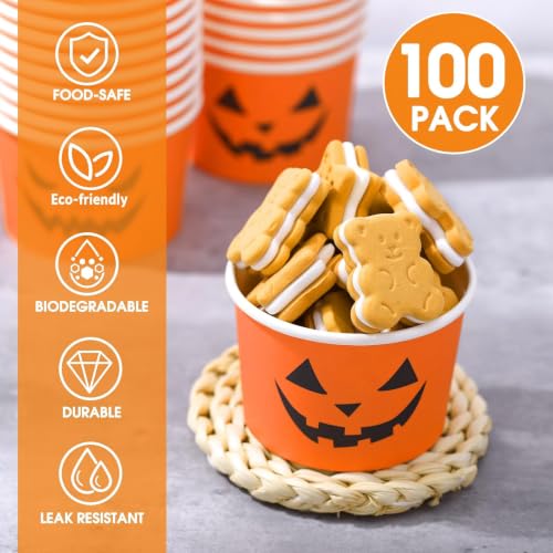 Halloween Paper Cups 9oz Disposable Pumpkin Ice Cream Bowls - Orange & Black Face, Pack of 100