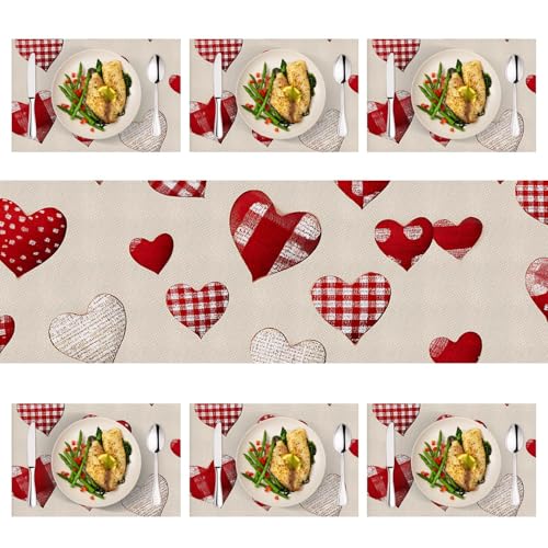 Valentine's Day Table Runner & Placemats Set of 6 - Red Heart Design, Romantic Dining Decor - Variation 148