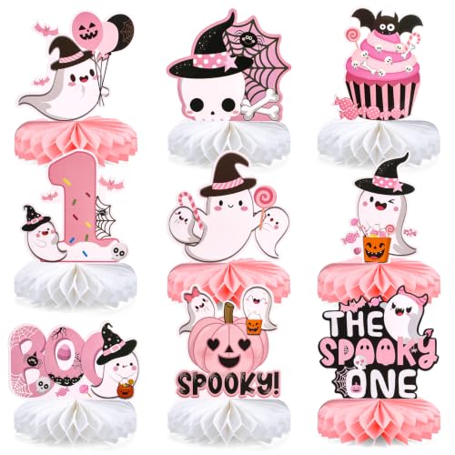 Halloween Spooky One First Birthday Table Centerpieces - Girl Pink Ghosts & Pumpkins