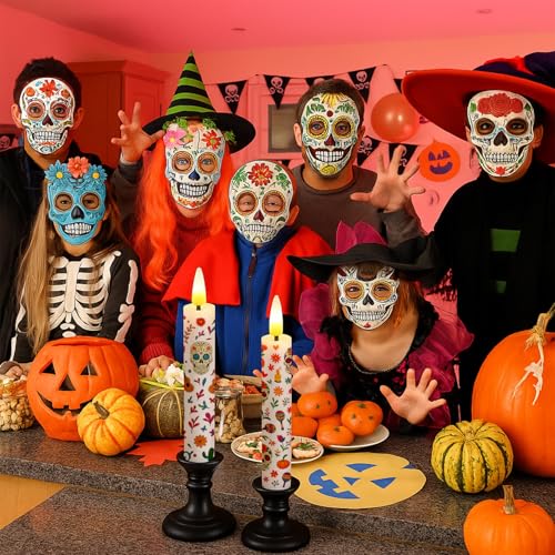 2 Pack Dia De Los Muertos Flameless Candles with Timer Remote - Skeleton & Flower Design