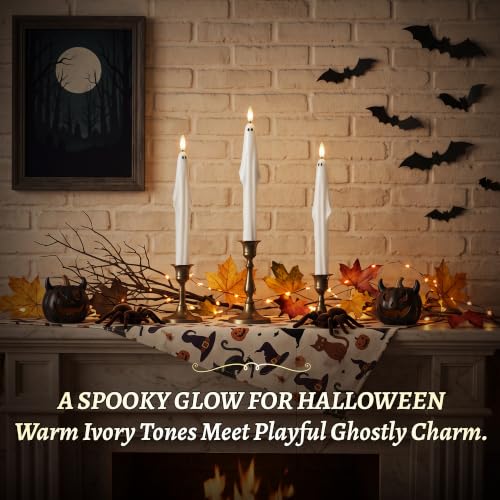 Halloween Ghost Candlesticks Set - Flameless Taper Candles with Remote, 3 Pack