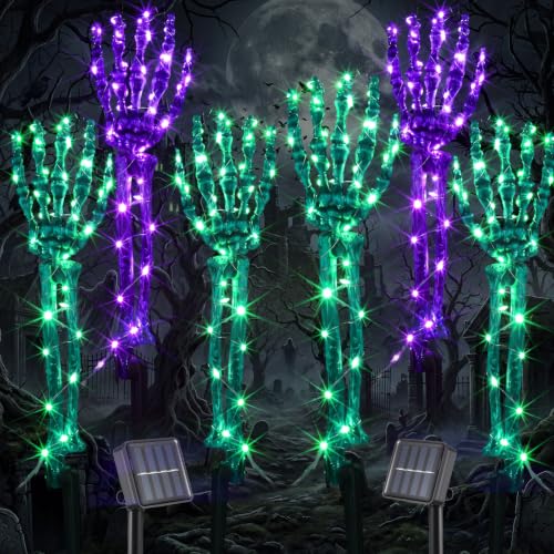 Halloween Skeleton Arm Stakes with LED Lights - Purple & Green, 36x27.5cm