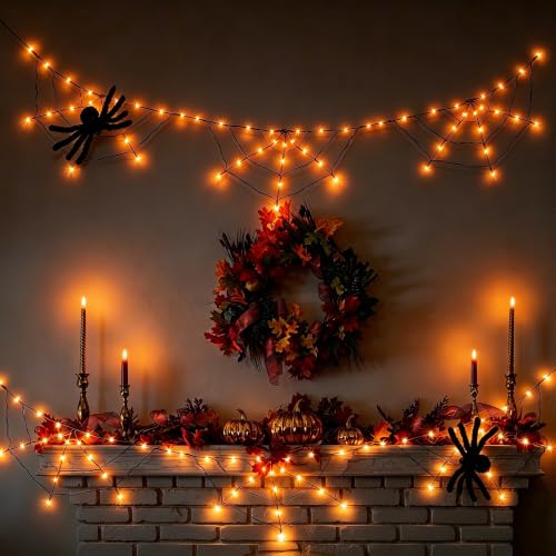 Orange Halloween Spider Web Lights with Spiders - 2 Pack, Indoor/Outdoor Decoration
