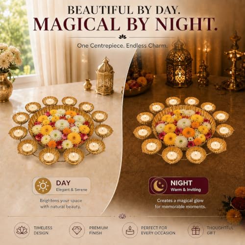 Diwali Lotus Urli Bowl for Home Decor Festival Pooja Gold 14 Inch