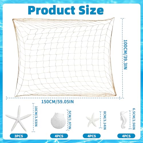 Nautical Fishnet Decor Set with Starfish, Shells, Seahorses - Ocean Theme Wall Art