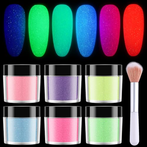 6 Colors Glow in The Dark Nail Powder Set with Glitter & Brush - Sugar Effect