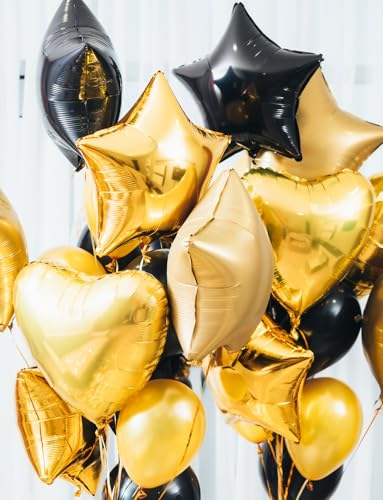Black Star Balloons Set - 20 Large Foil Star Balloons with Ribbon - Black Variation