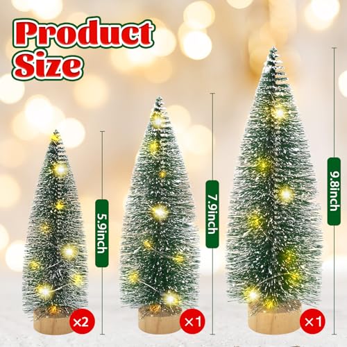 Mini Christmas Tree with Lights Set of 4 - Bottle Brush Trees with Wooden Base