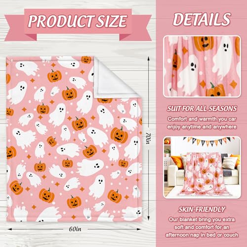 Halloween Fuzzy Flannel Throw Blanket 60x70 Inch Pink Ghost Pumpkin Design