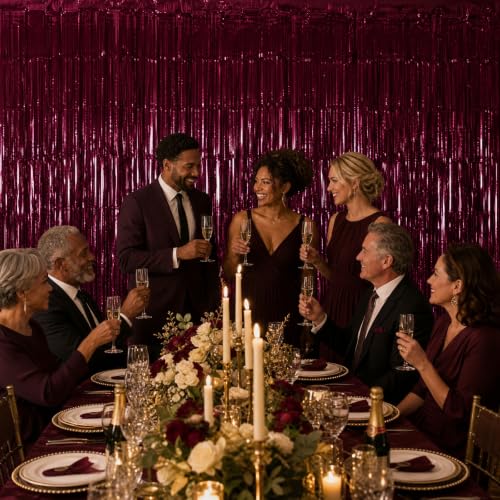 GCB 2-Pack Burgundy Metallic Tinsel Fringe Curtains for Party Backdrop & Door Decor