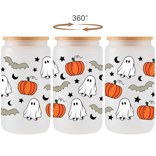 Halloween Pumpkin Ghost 16Oz Iced Coffee Glass Cups with Lids & Straws - Fall Spooky Gift Set