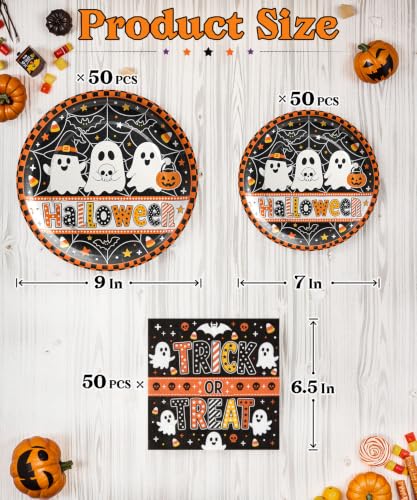 Halloween Paper Plates and Napkins Set - Black White Ghost, 9-inch & 7-inch, Round, Heavy Duty, Spooky Gothic Party Supplies, Variation: Black White Ghost / Round / 9inch 7inch