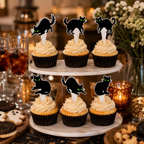 Halloween Black Cat Cupcake Topper - Green Eyes, Reusable, 36 Pack - Variation: Black Cat