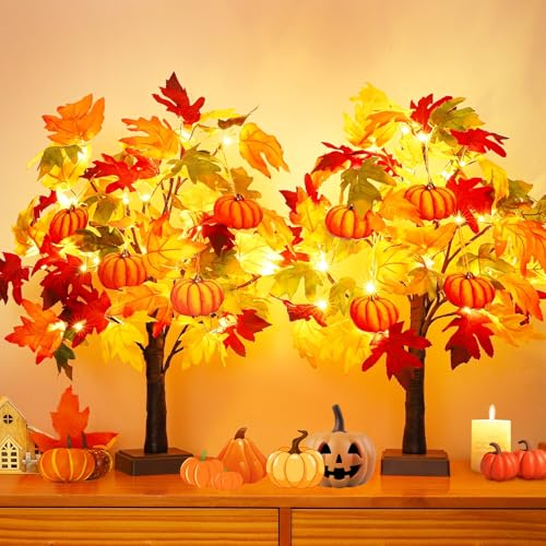 2 Pack 24-Inch Lighted Fall Maple Trees with Pumpkins - Indoor Halloween Thanksgiving Decor