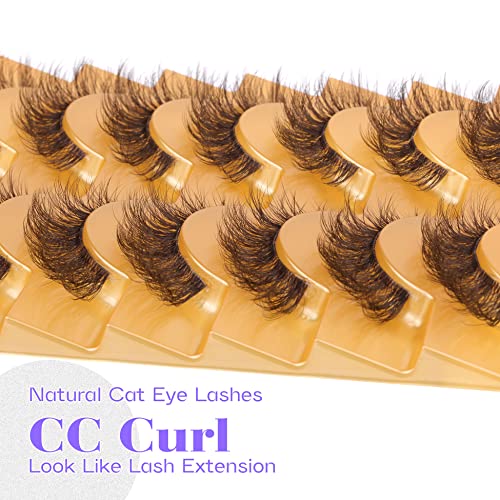 Brown Cat Eye False Eyelashes Wispy Fluffy Faux Mink Natural Look with Clear Band - Variation of Brown & Fluffy