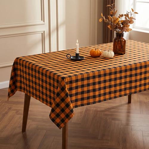 Waterproof Gingham Tablecloth - Black & Orange Checkered Fabric, 102" x 60" Rectangular for Indoor Outdoor Dining