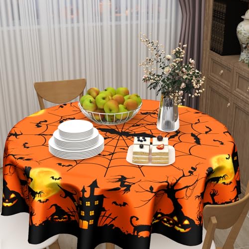 Halloween Round Tablecloth 60 Inch Spider Web Orange & Black - Farmhouse Decor - Holiday Party