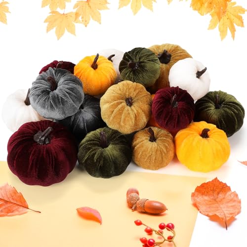 Fall Velvet Pumpkin Decor Set - Purple & Gold Assorted Harvest Table Centerpieces