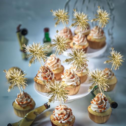 Foil Firework Cupcake Toppers - Light Gold Star Party Decoration 30Pcs