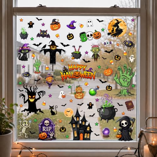 Halloween Window Clings Set Reusable Spooky Decals for Glass - Pumpkins Ghosts Bats