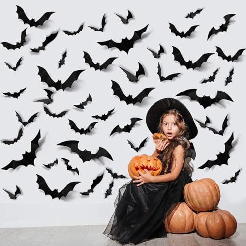 60 PCS Halloween Bat Wall Decor Stickers 3D Waterproof Black Spooky Bats