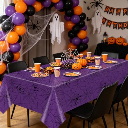 Halloween Spider Web Plastic Tablecloths 4 Pack | Waterproof Festive Table Cover