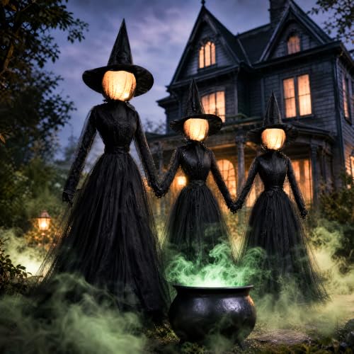 Halloween Witch Decorations Outdoor Set - 6 FT Black Holding Hands Witches with Glowing Faces, Lighted Yard Prop