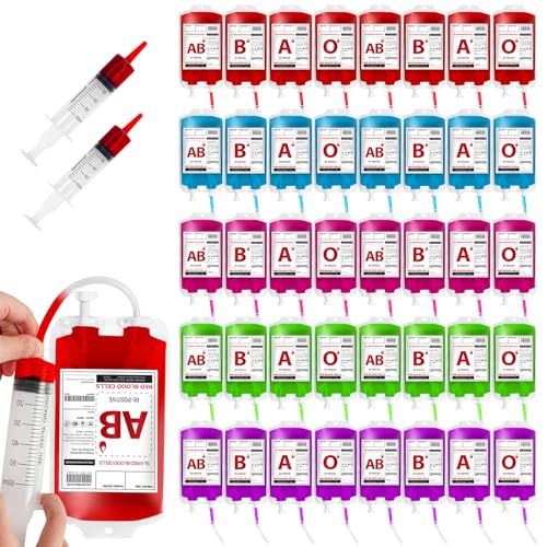 Halloween Blood IV Bags for Drinks - 60 Pack Reusable Container with Syringes & Clips - Variation: 60 Bags & 3 Syringes