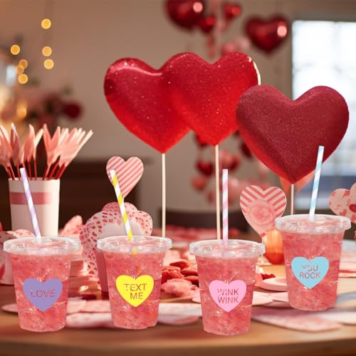 Conversation Heart Valentine's Day Disposable Plastic Cups with Lids & Straws - 12oz, 60 Pack