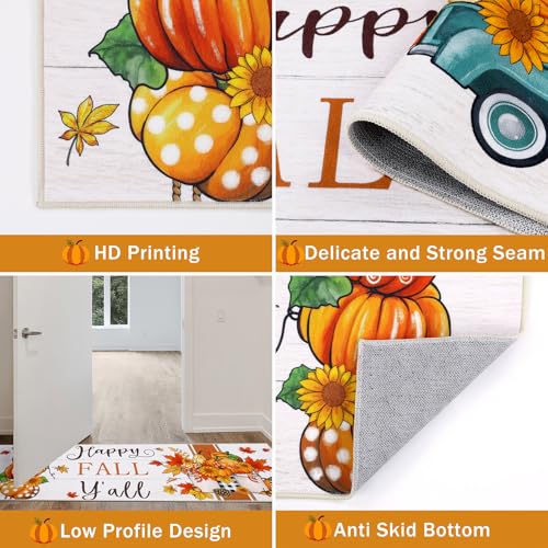 Fall Kitchen Rug Set of 3 with Pumpkin & Striped Variations – Washable Non-Slip Rugs for Kitchen & Entryway