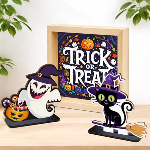 Halloween Ghost Wooden Decoration Sign - Cute Magic Cat Style - Variation Cat1