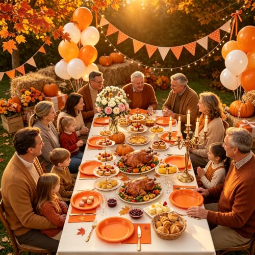 Orange Plastic Party Plates 100 Pack for Halloween & Fall Celebrations - 9 Inch & Napkins Included